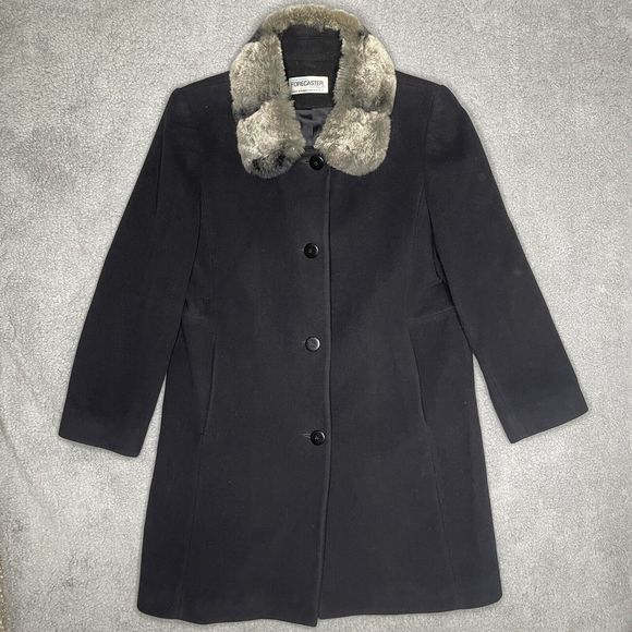 Wool Coat Womens 8 Black Lambswool Blend Fur Collar Forecaster of Boston Topcoat - Picture 11 of 15